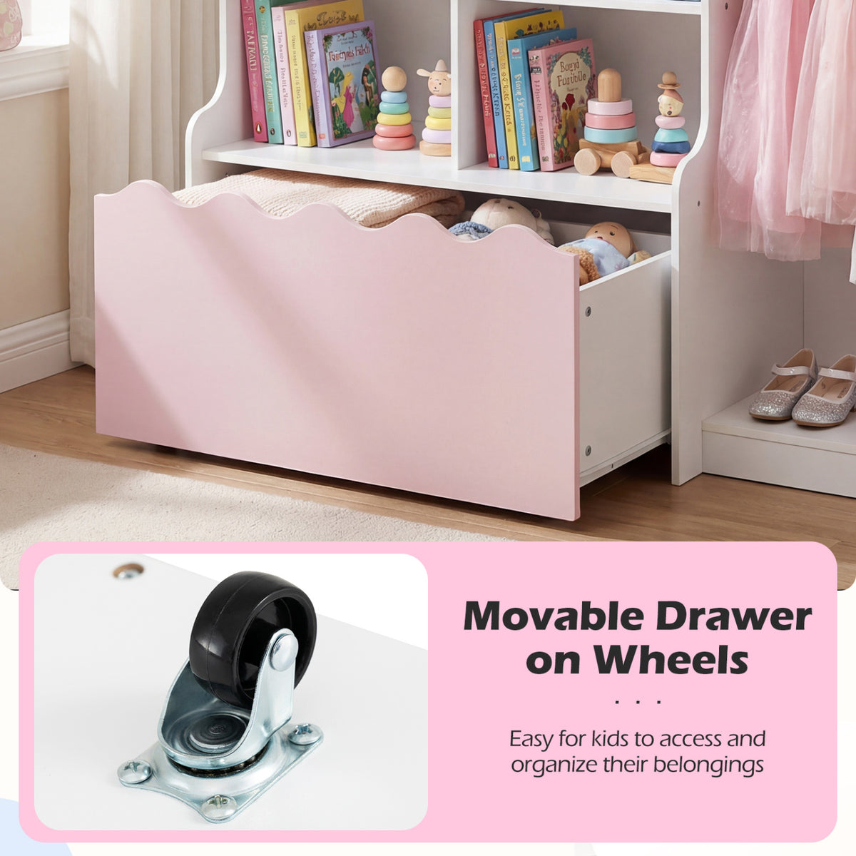 Kids Toy Storage Organizer Children Dress up Closet Wardrobe with Clothing Rack-Pink