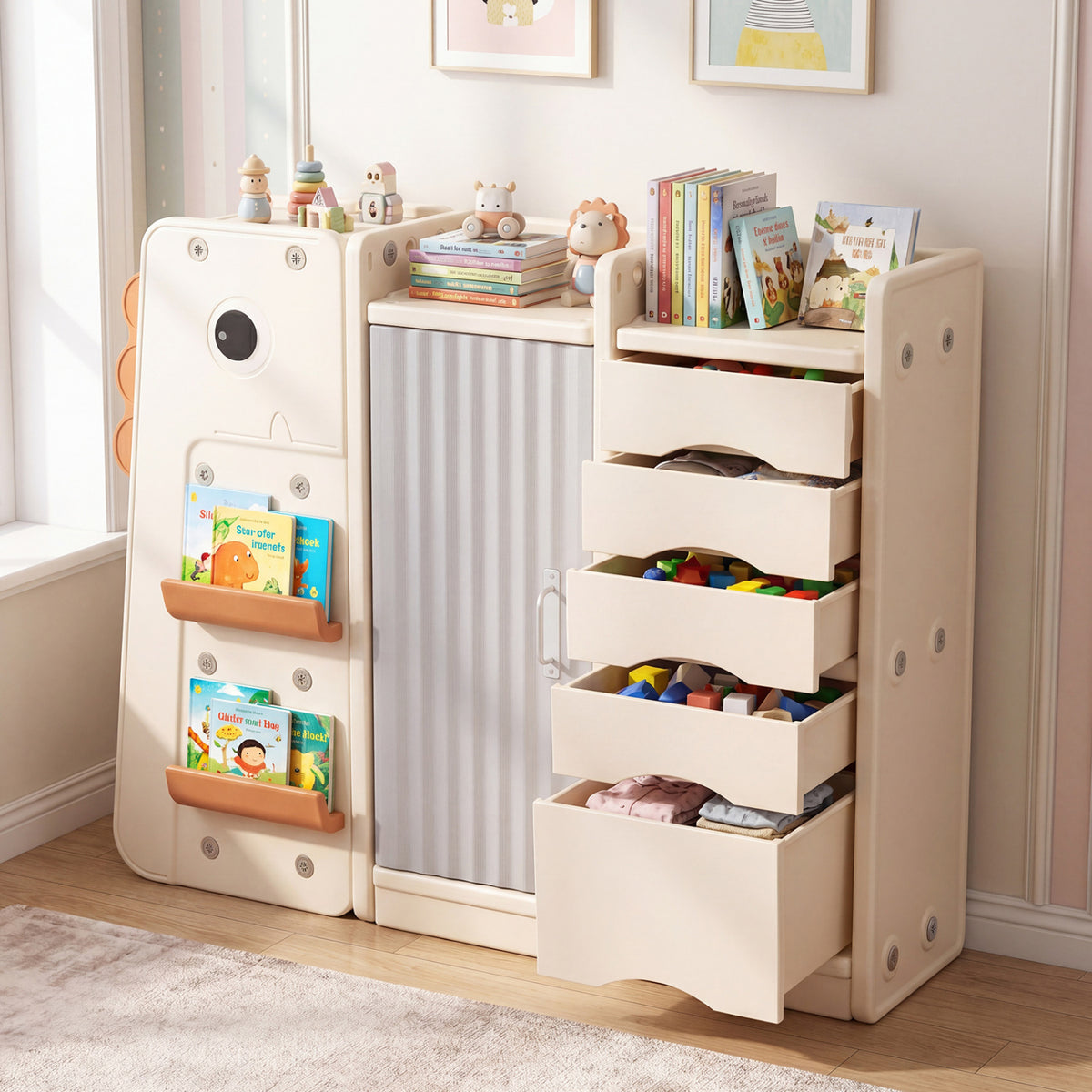 Kids Toy Storage Organizer with 5 Removable Bins for Playroom-Beige