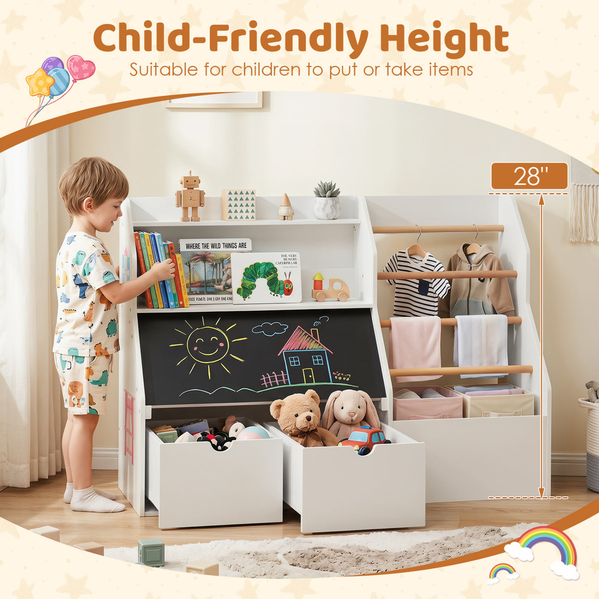 Kids Toy Storage Organizer with Flip-up Blackboard