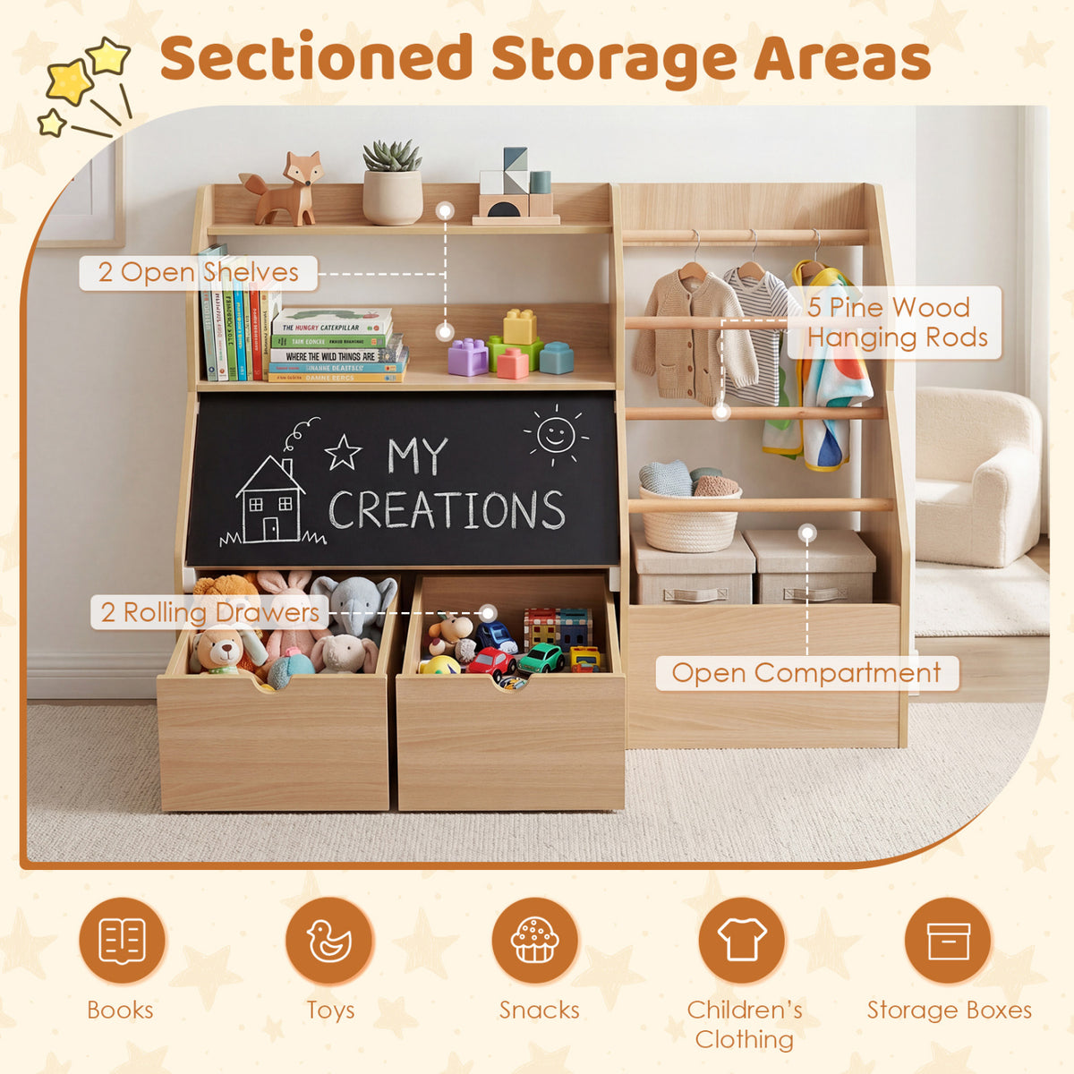 Kids Toy Storage Organizer with Flip-up Blackboard