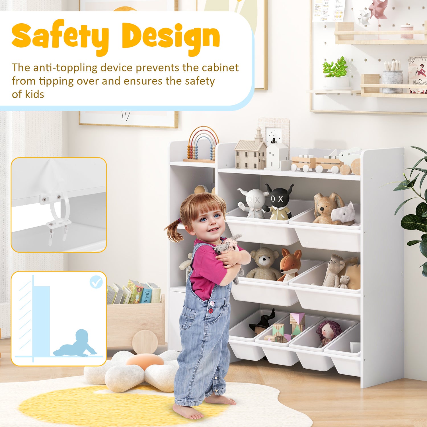 4-Tier Kids Bookshelf and Toy Storage Rack with 8 Toy Organizer Bins