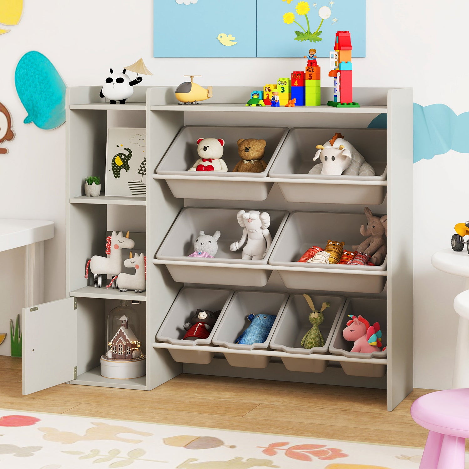 Kids Toy Storage and Bookshelf with Open Shelves and Single-door Cabinet