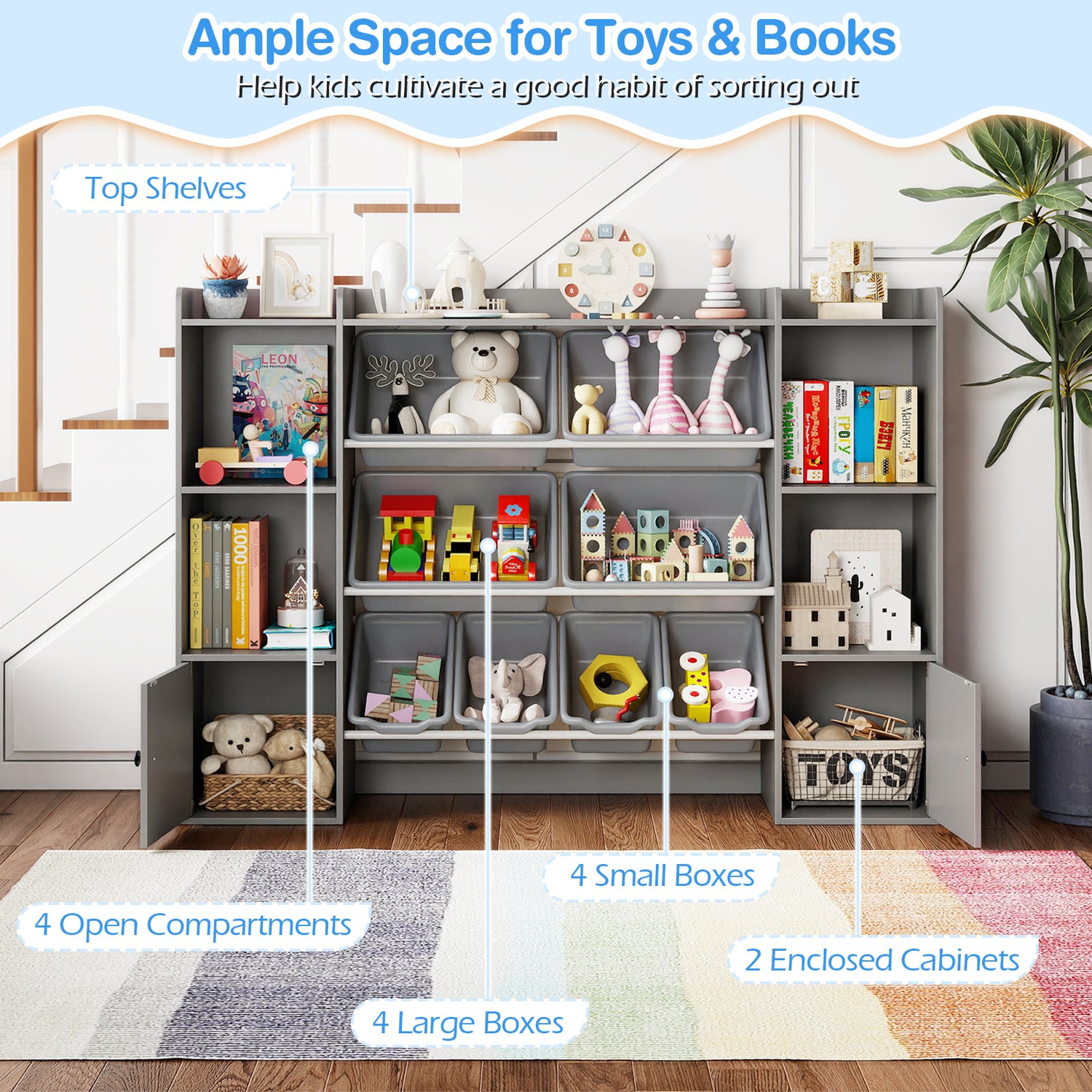 Kids Toy Storage and Bookshelf with Boxes and Open Shelves