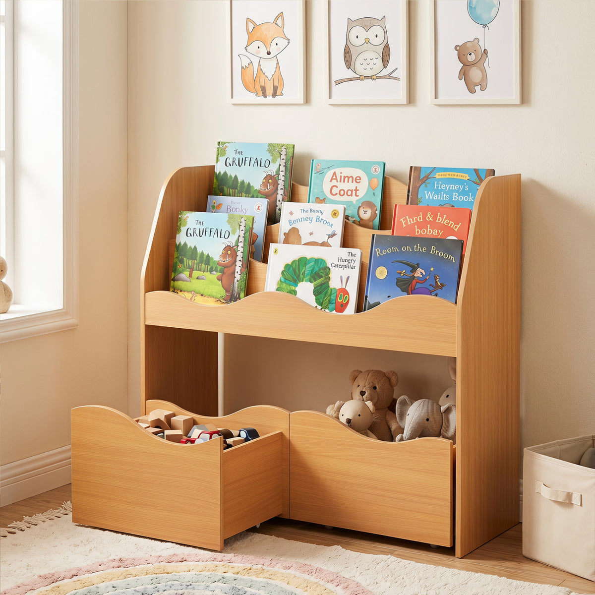 Kids Toy Wooden Storage Organizer with 2 Rolling Drawers for Kids Room