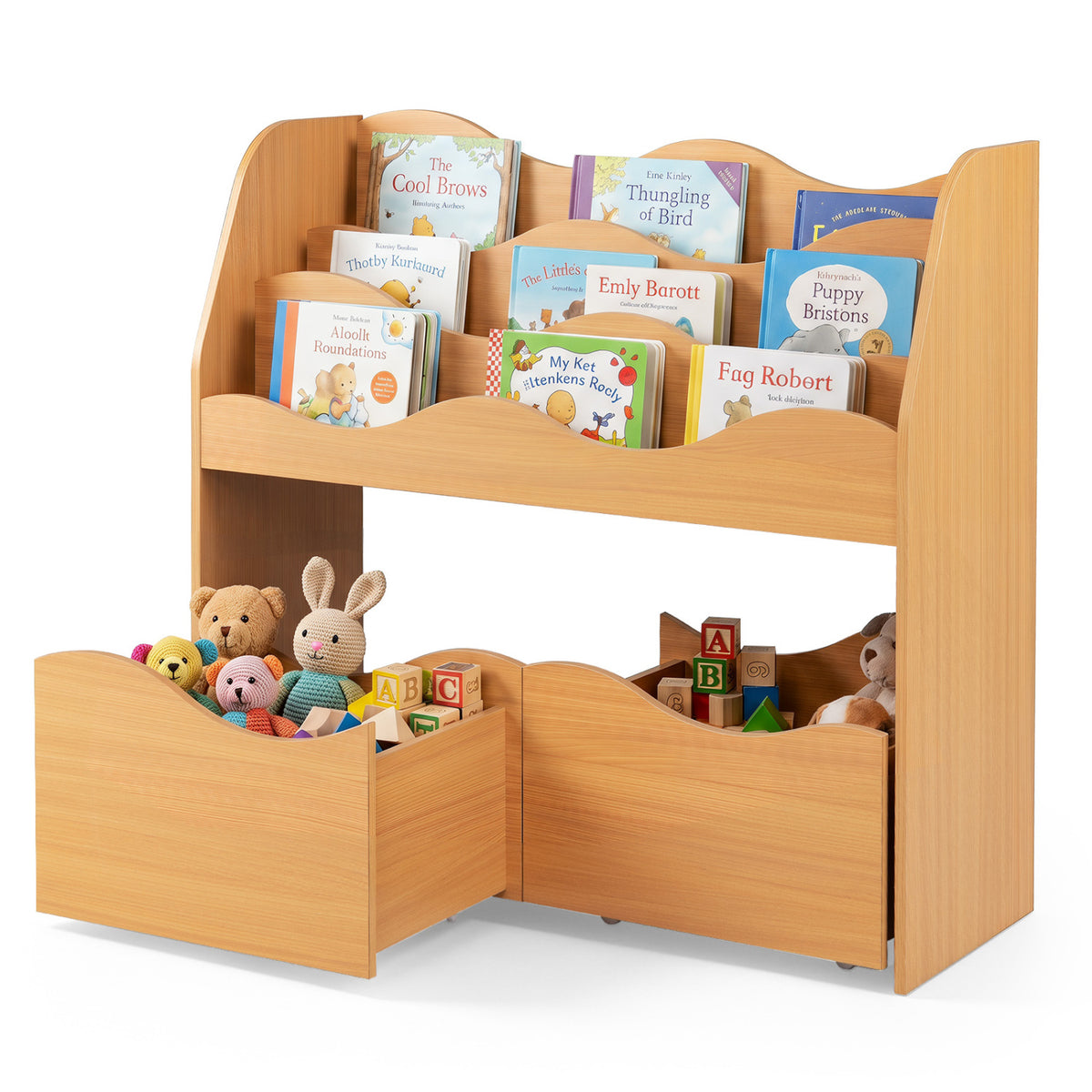 Kids Toy Wooden Storage Organizer with 2 Rolling Drawers for Kids Room