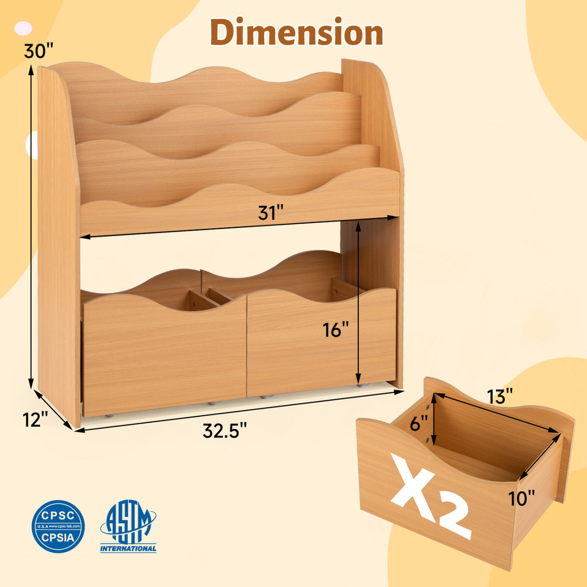 Kids Toy Wooden Storage Organizer with 2 Rolling Drawers for Kids Room