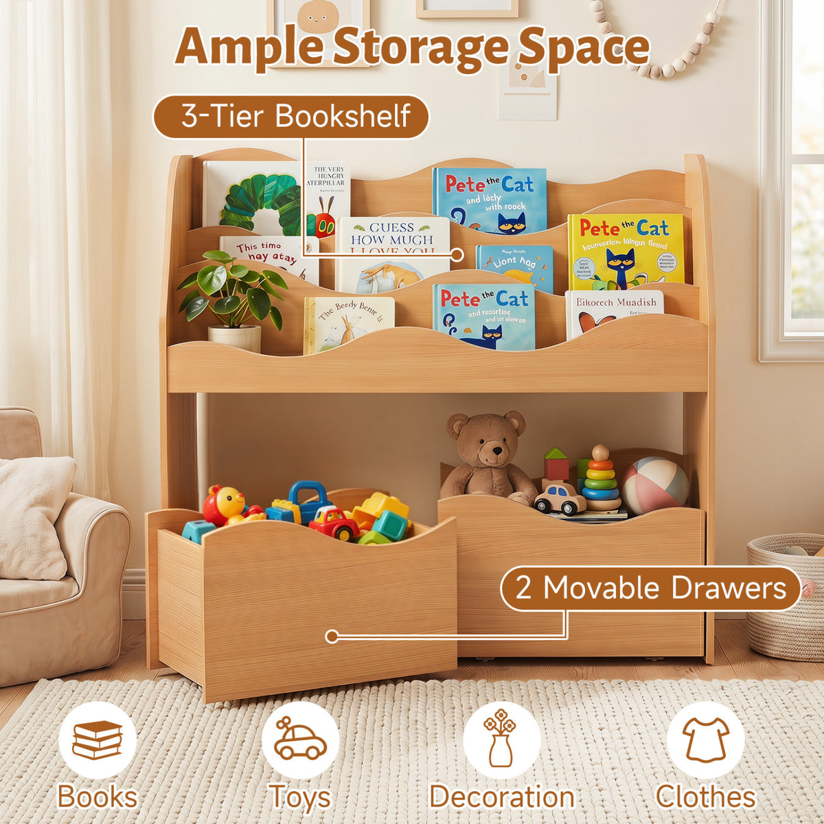 Kids Toy Wooden Storage Organizer with 2 Rolling Drawers for Kids Room