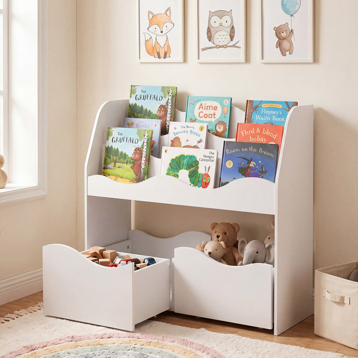 Kids Toy Wooden Storage Organizer with 2 Rolling Drawers for Kids Room