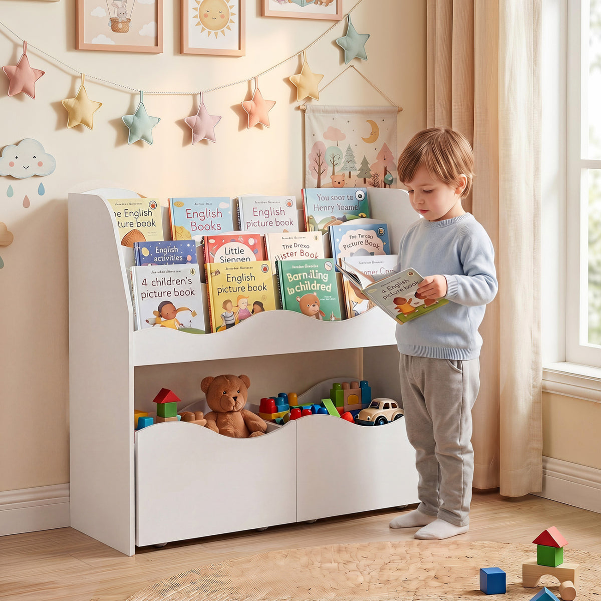 Kids Toy Wooden Storage Organizer with 2 Rolling Drawers for Kids Room