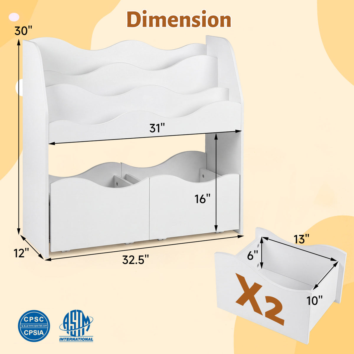 Kids Toy Wooden Storage Organizer with 2 Rolling Drawers for Kids Room
