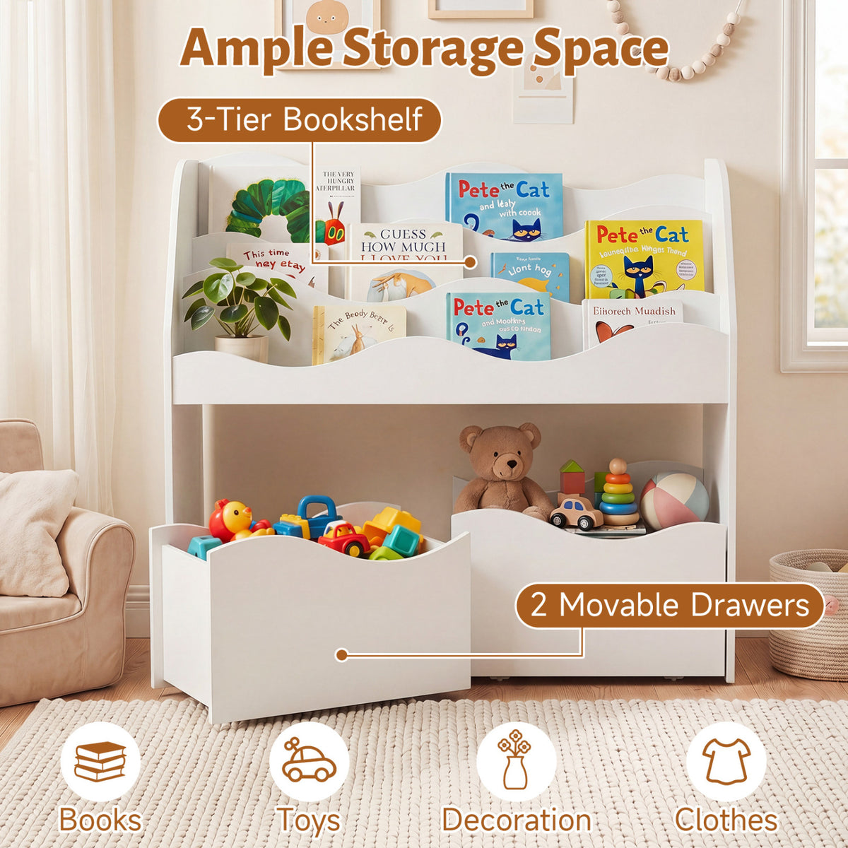 Kids Toy Wooden Storage Organizer with 2 Rolling Drawers for Kids Room