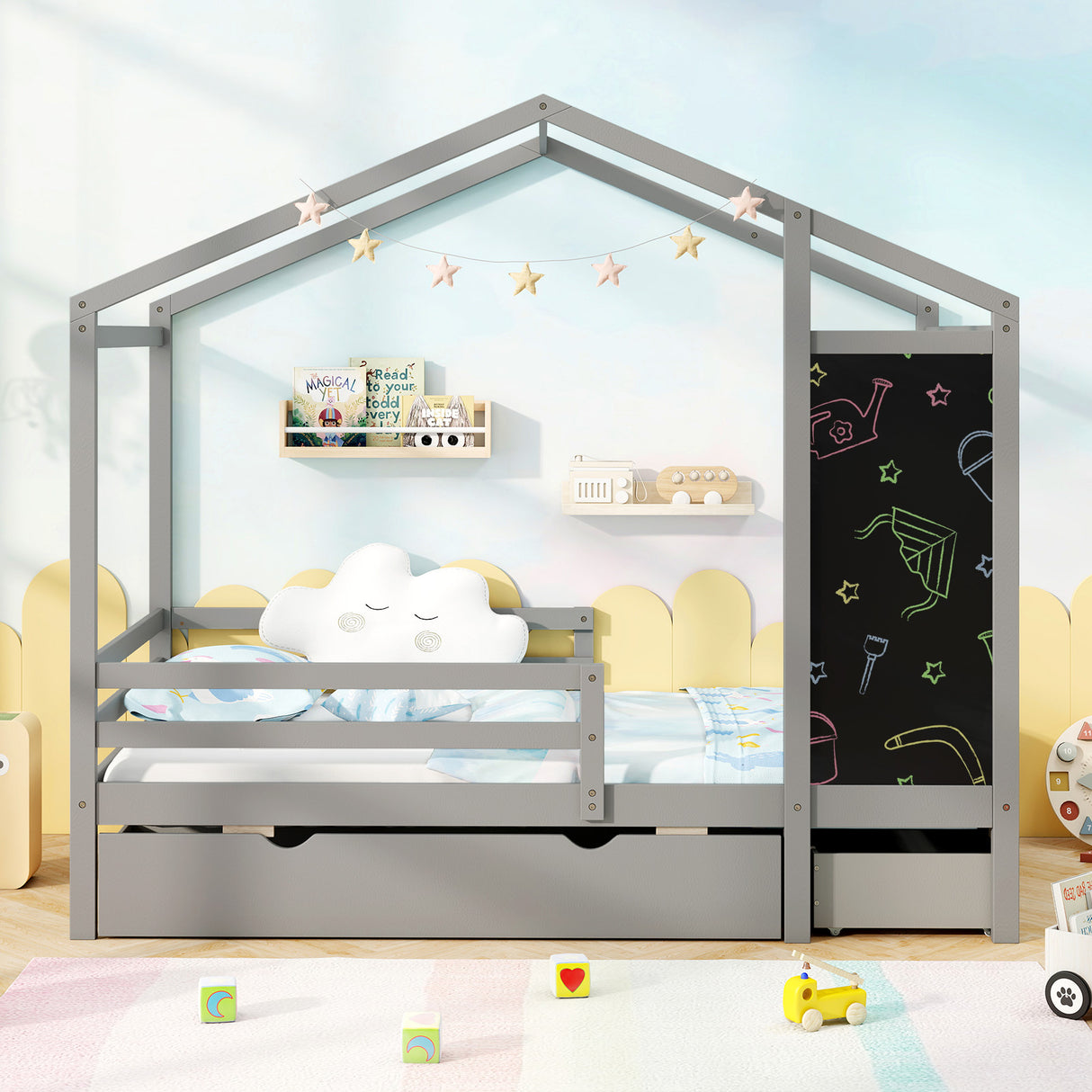 Kids Twin Size Bed with 2 Drawers Solid Wood Bed with Blackboard