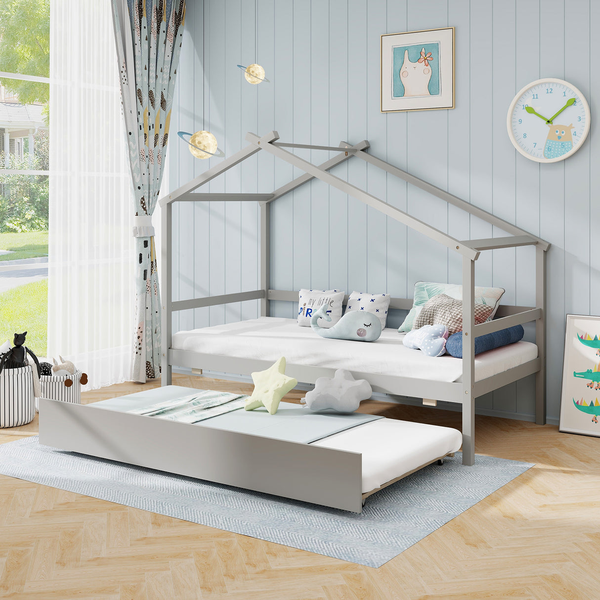 Kids Twin Size House Bed with Trundle and Roof
