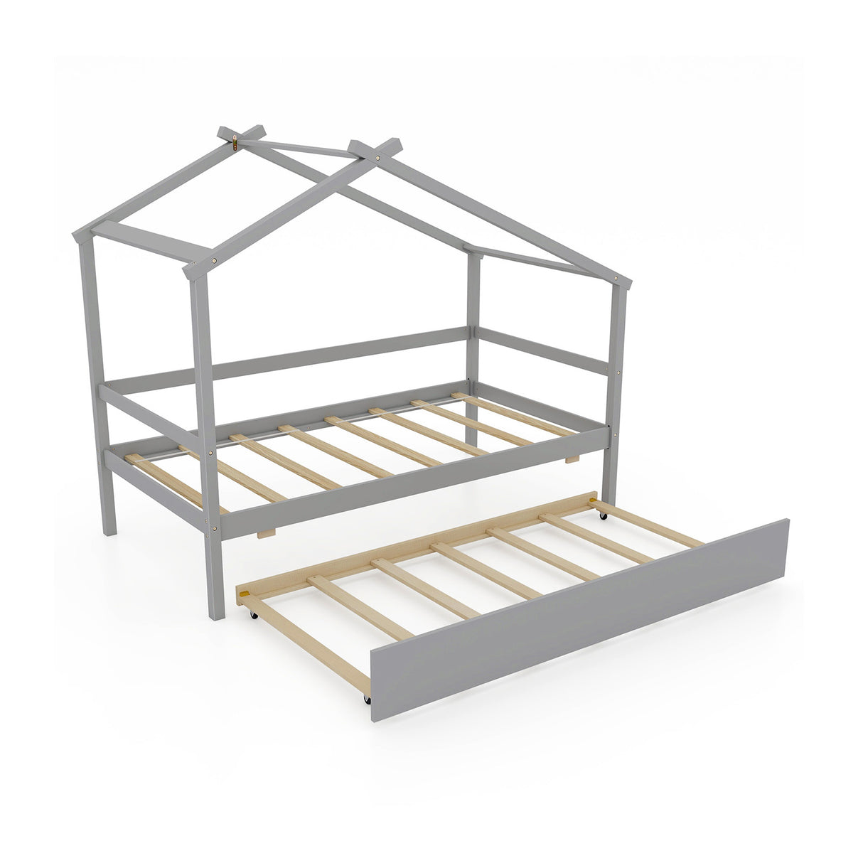 Kids Twin Size House Bed with Trundle and Roof