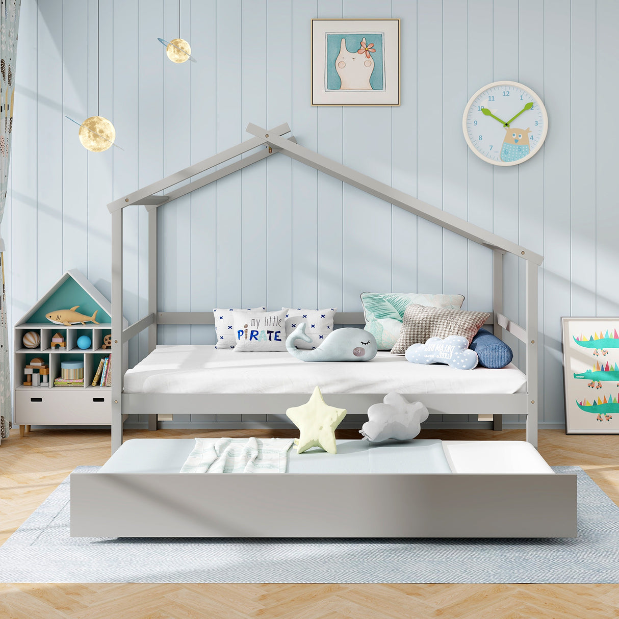 Kids Twin Size House Bed with Trundle and Roof