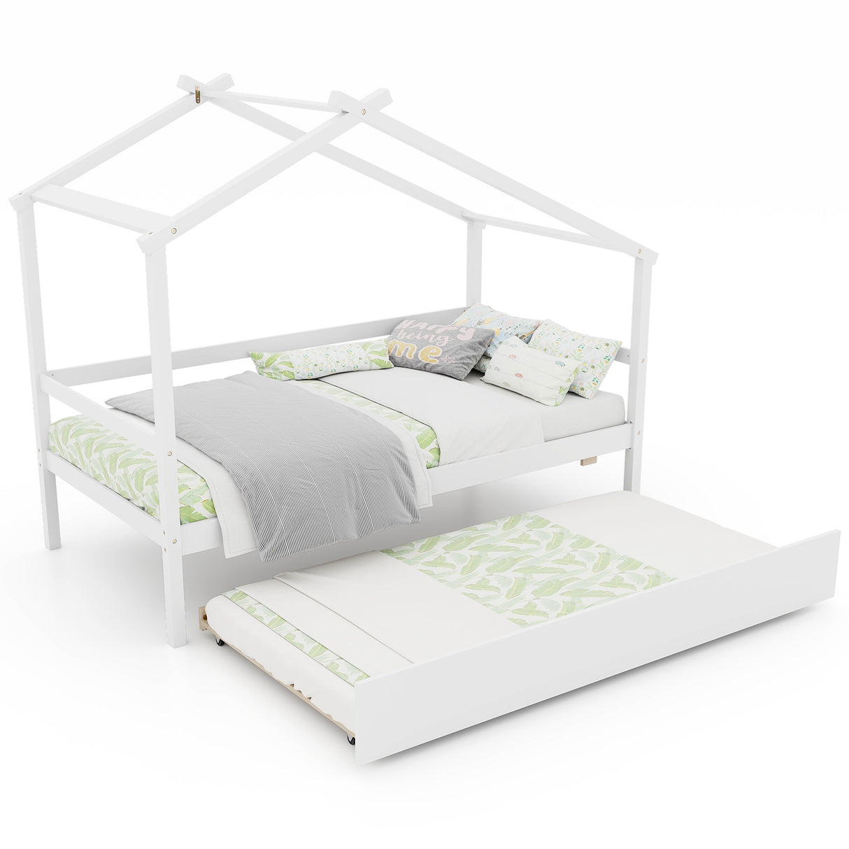 Kids Twin Size House Bed with Trundle and Roof