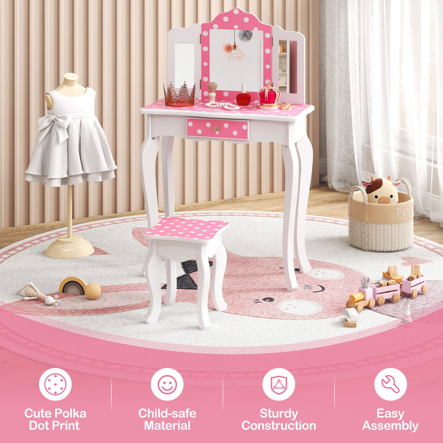 Princess Pretend Play Makeup Dressing Table with Cute Polka Dot Print-Pink