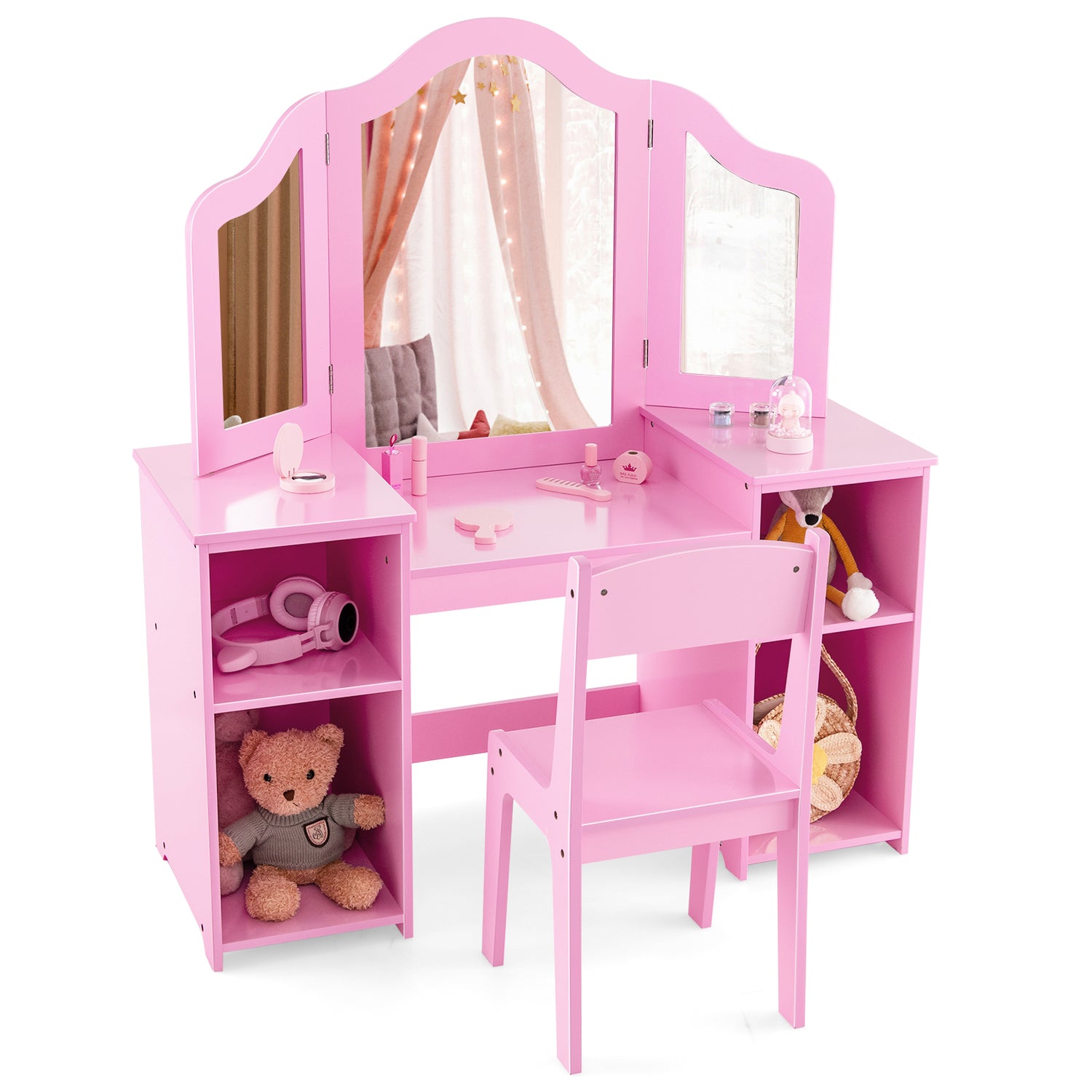 Kids Vanity Table and Chair Set with Removable Tri-Folding Mirror