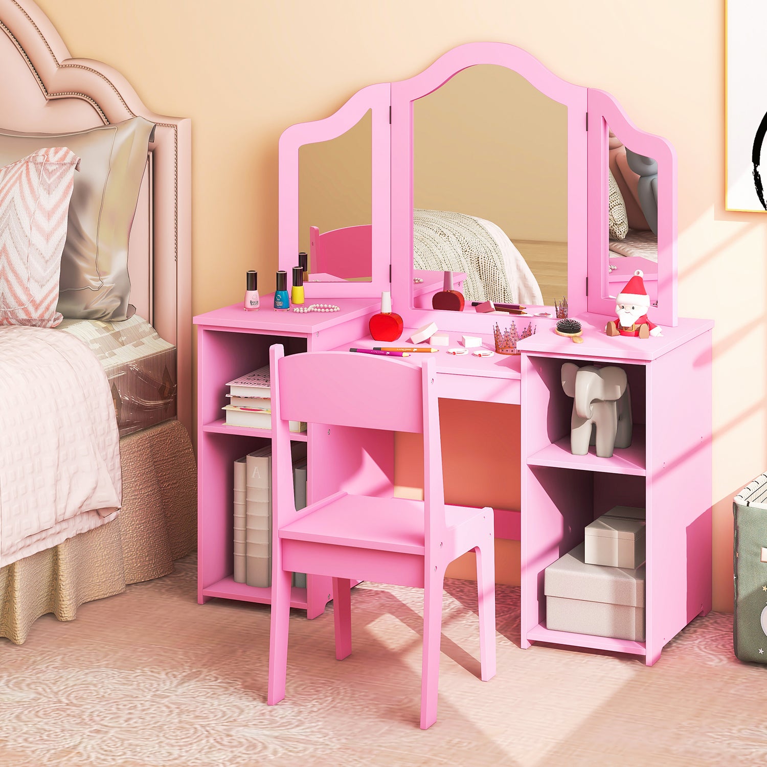 Kids Vanity Table and Chair Set with Removable Tri-Folding Mirror