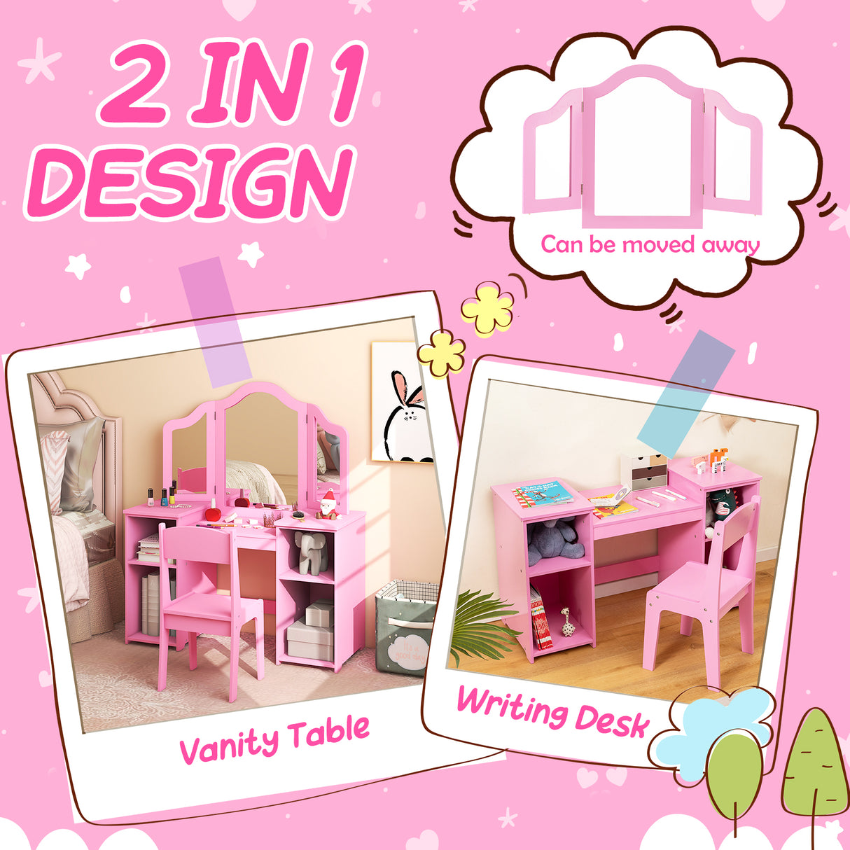 Kids Vanity Table and Chair Set with Removable Tri-Folding Mirror