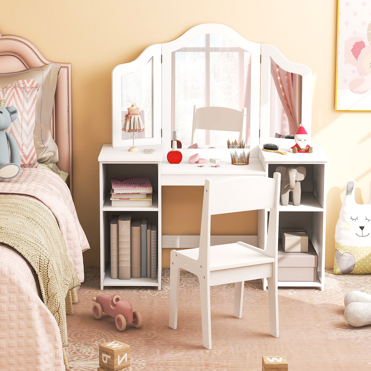 Kids Vanity Table and Chair Set with Removable Tri-Folding Mirror