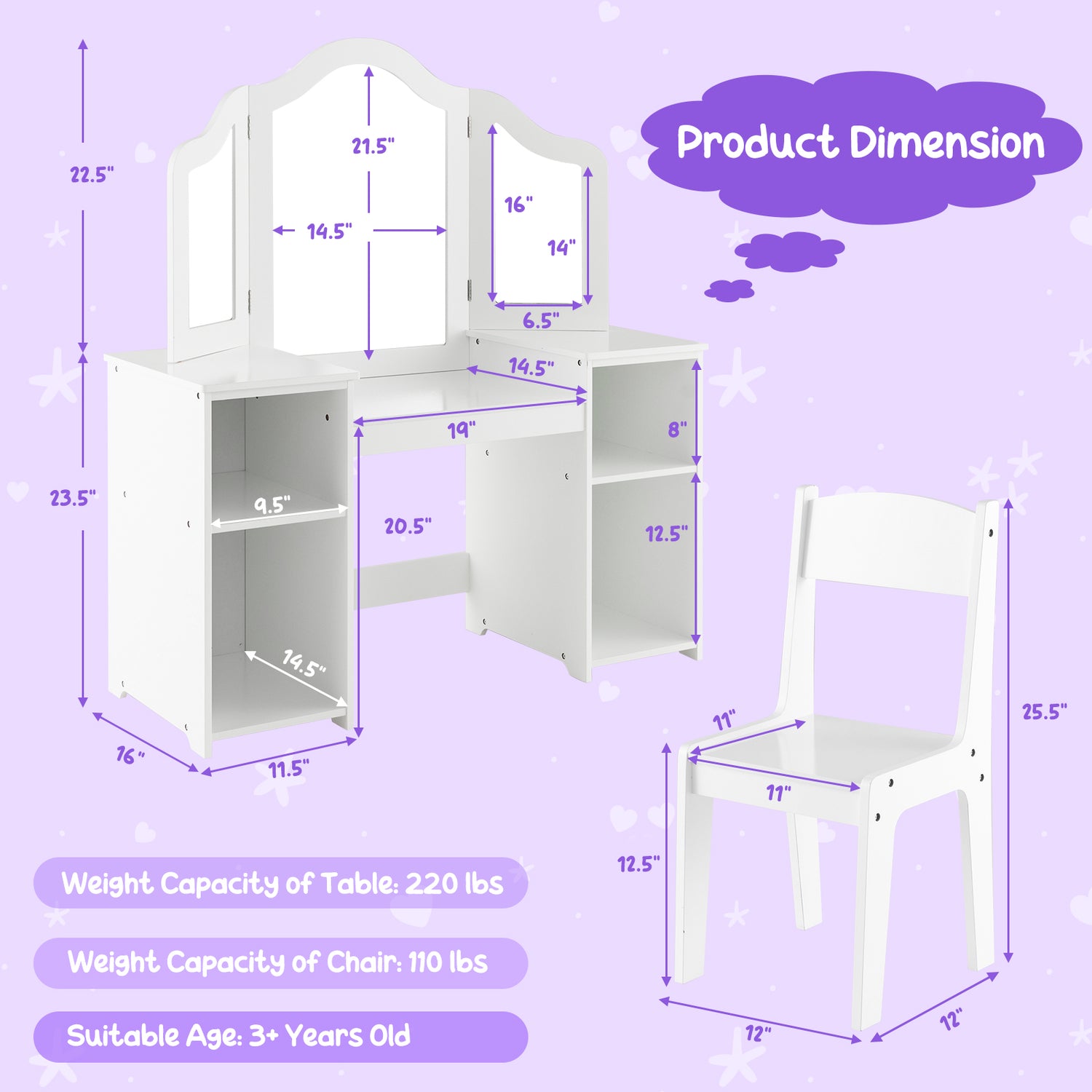 Kids Vanity Table and Chair Set with Removable Tri-Folding Mirror