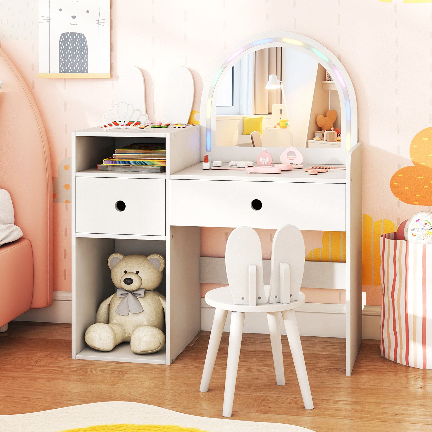 Kids Vanity Desk and Chair Set with Lights Open Shelves