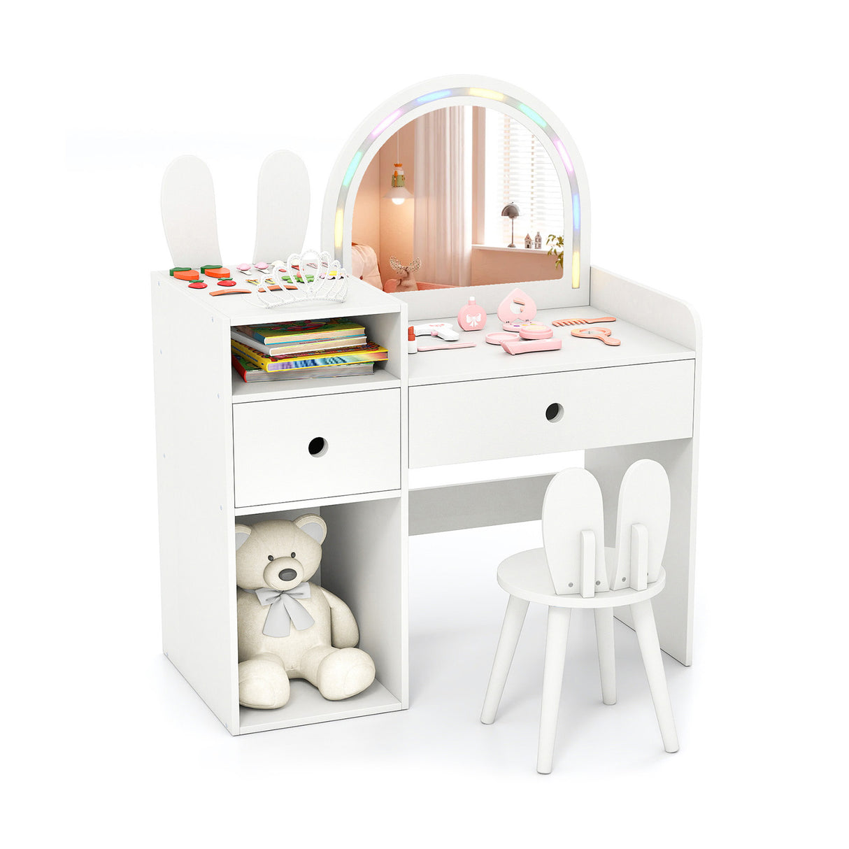 Kids Vanity Desk and Chair Set with Lights Open Shelves
