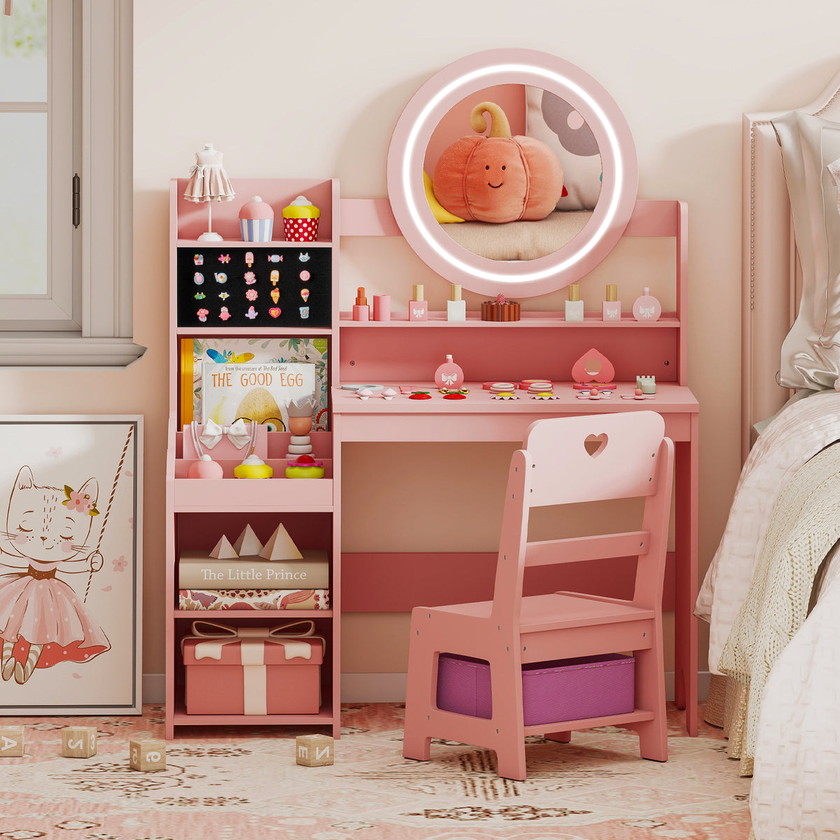 Kids Vanity Desk with Mirror and Lights Princess Pretend Play Dressing Table and Chair Set