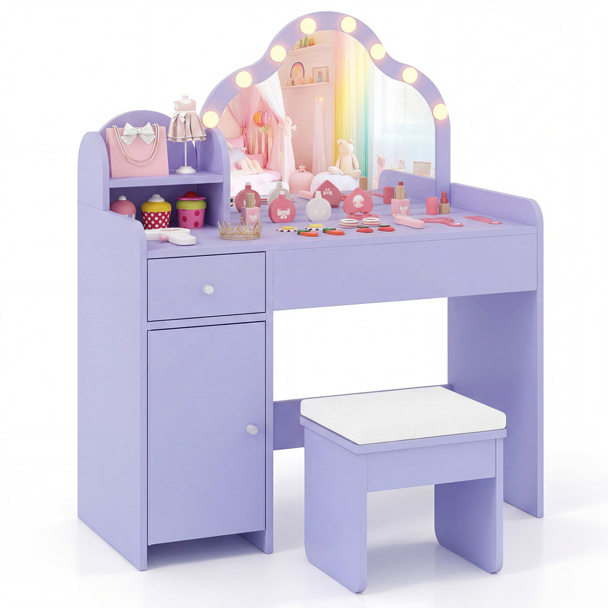 Kids Vanity Desk with Mirror and Lights Princess Pretend Play Dressing Table