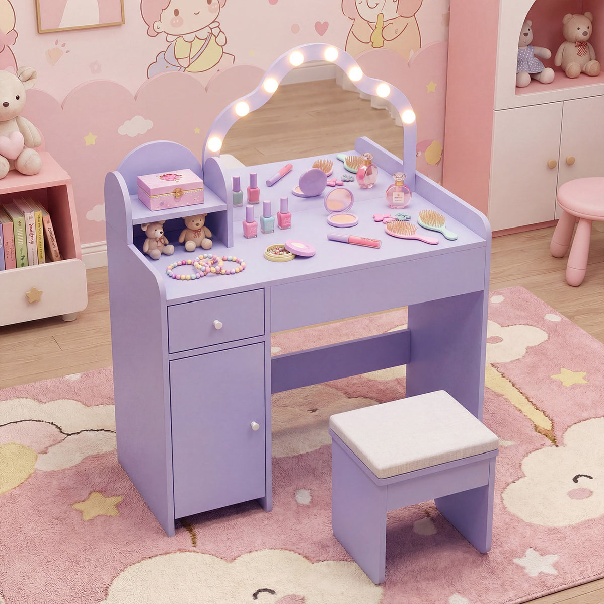 Kids Vanity Desk with Mirror and Lights Princess Pretend Play Dressing Table