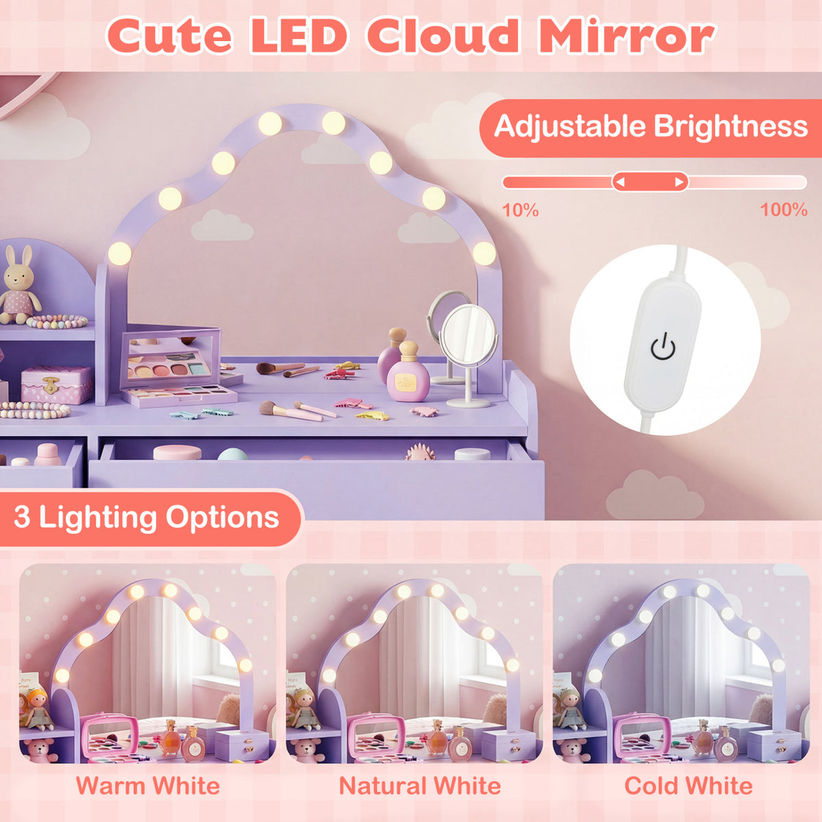 Kids Vanity Desk with Mirror and Lights Princess Pretend Play Dressing Table