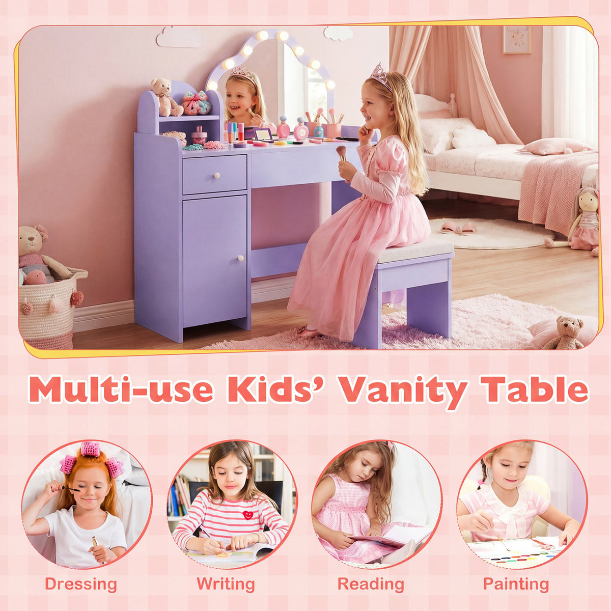 Kids Vanity Desk with Mirror and Lights Princess Pretend Play Dressing Table