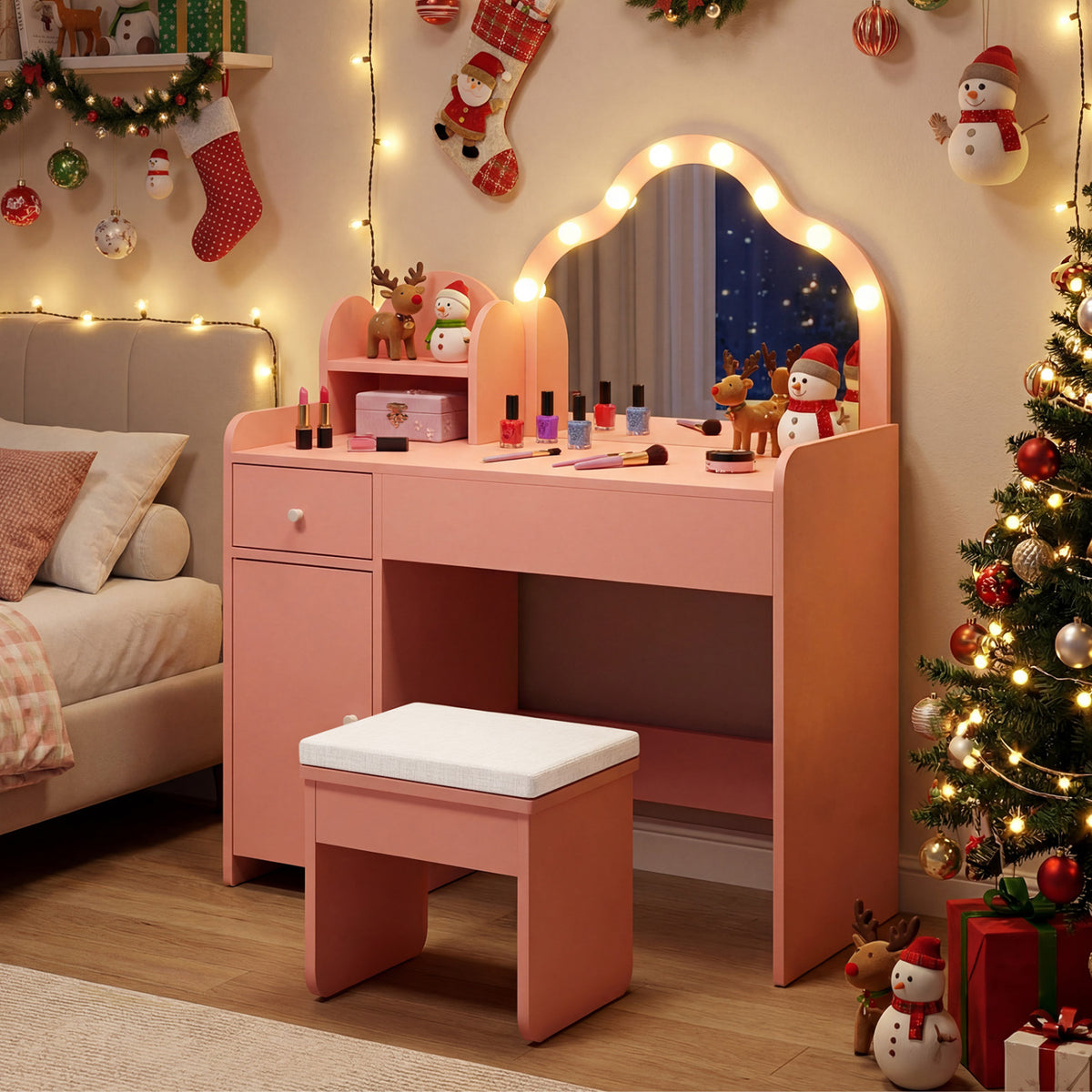 Kids Vanity Desk with Mirror and Lights Princess Pretend Play Dressing Table
