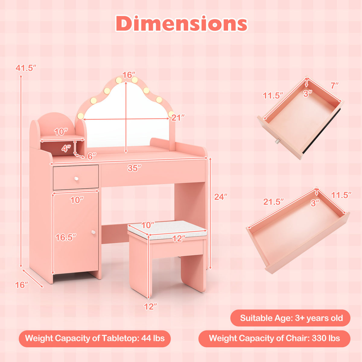 Kids Vanity Desk with Mirror and Lights Princess Pretend Play Dressing Table