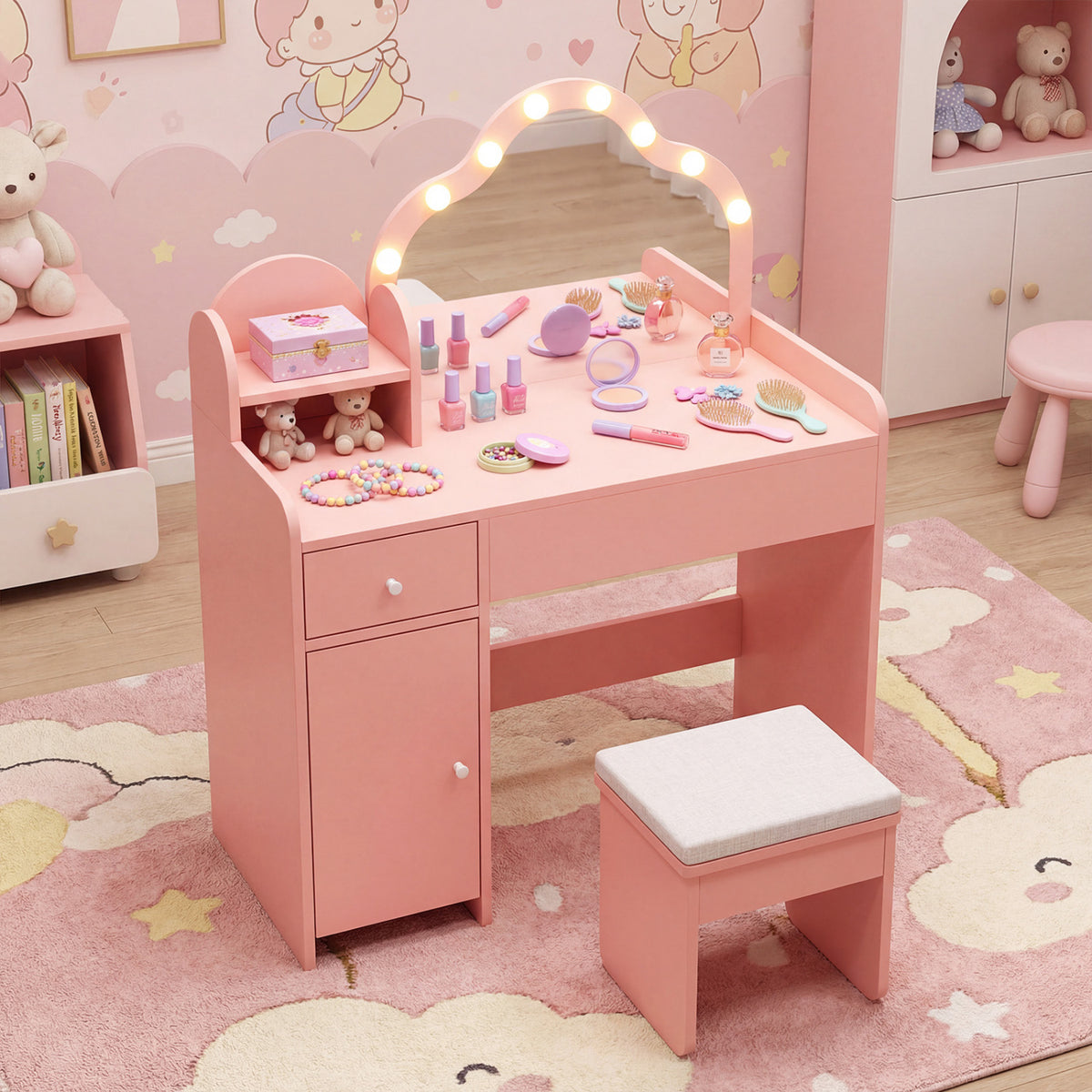 Kids Vanity Desk with Mirror and Lights Princess Pretend Play Dressing Table