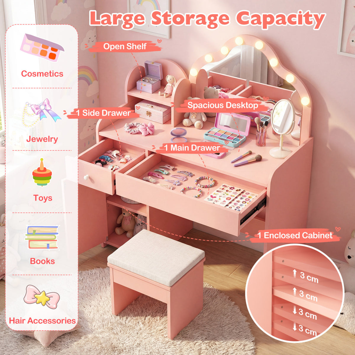 Kids Vanity Desk with Mirror and Lights Princess Pretend Play Dressing Table