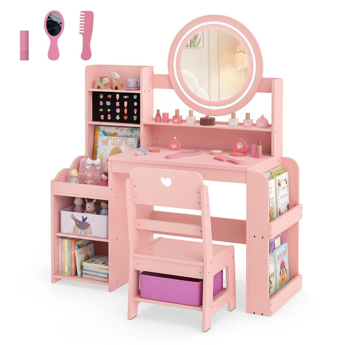 Kids Vanity Desk with Mirror Side Bookshelf and Ring Slots