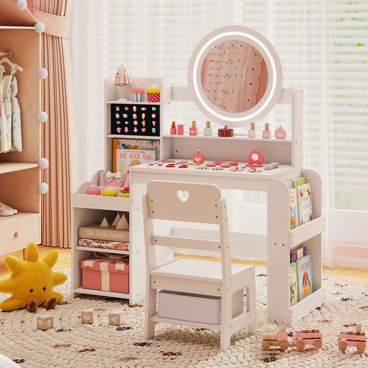 Kids Vanity Desk with Mirror Side Bookshelf and Ring Slots