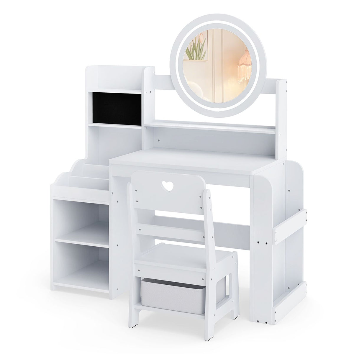 Kids Vanity Desk with Mirror Side Bookshelf and Ring Slots