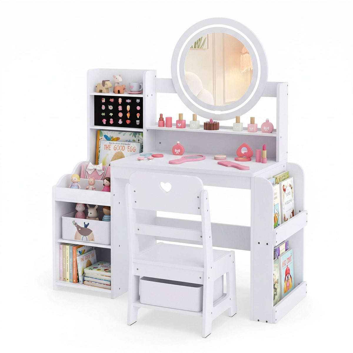 Kids Vanity Desk with Mirror Side Bookshelf and Ring Slots