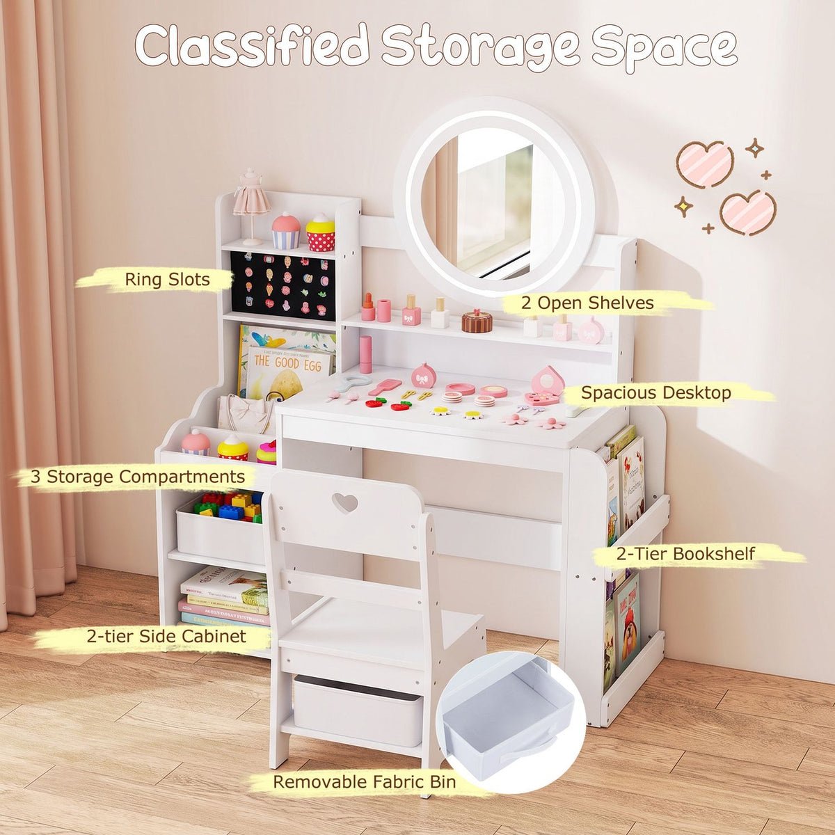 Kids Vanity Desk with Mirror Side Bookshelf and Ring Slots