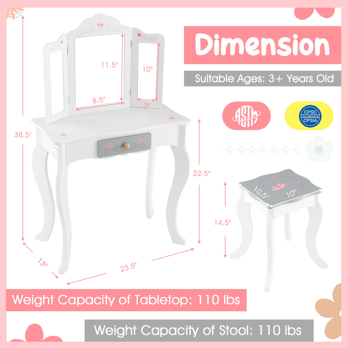 Kids Vanity Set with Tri-folding Mirror-White