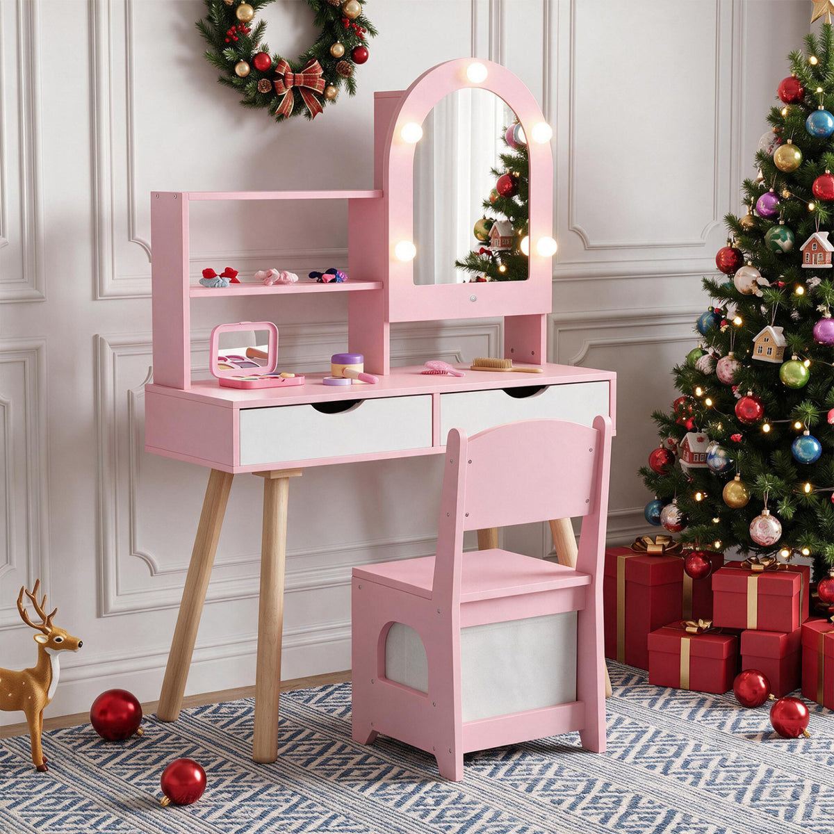 Kids Vanity Set Pretend Play Dressing Table Set with 3-Color Lighting Modes and Mirror Cabinet