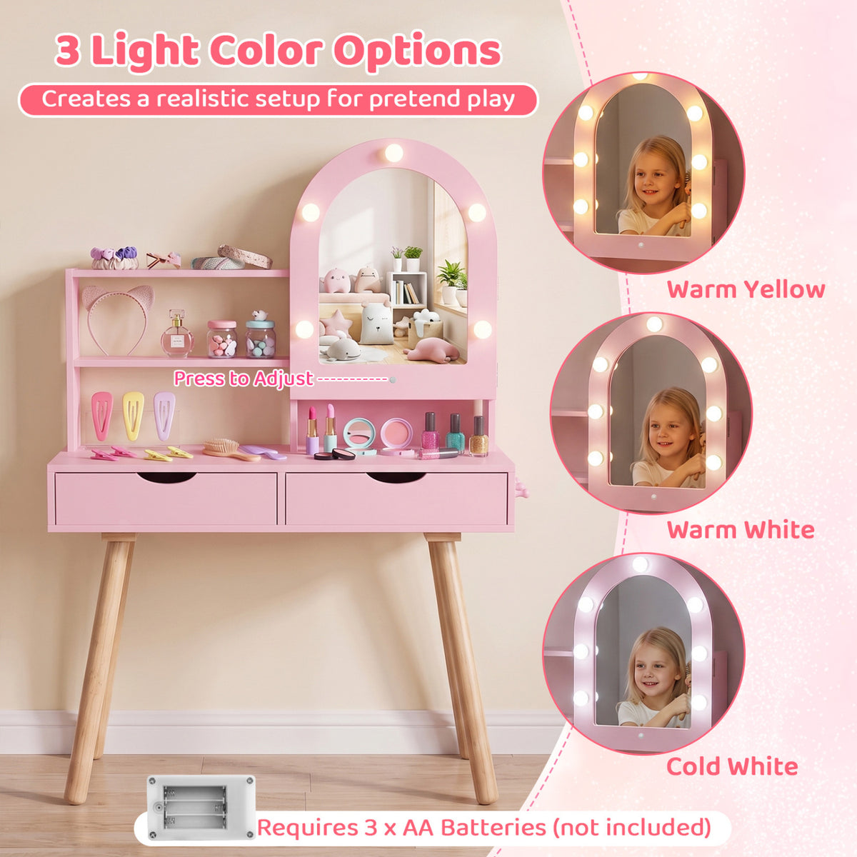 Kids Vanity Set Pretend Play Dressing Table Set with 3-Color Lighting Modes and Mirror Cabinet