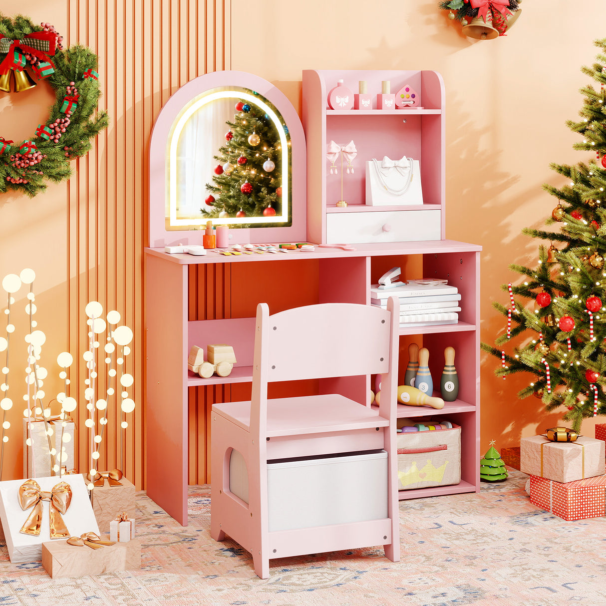 Kids Vanity Set Princess Girls Makeup Vanity Desk with Chair and 3-Color LED Lighted Mirror