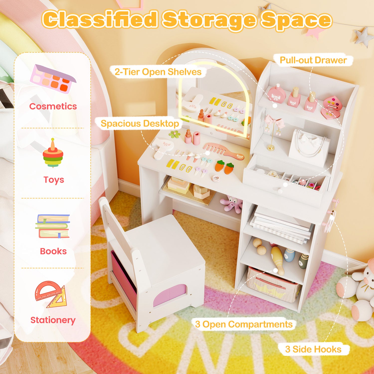 Kids Vanity Set Princess Girls Makeup Vanity Desk with Chair and 3-Color LED Lighted Mirror