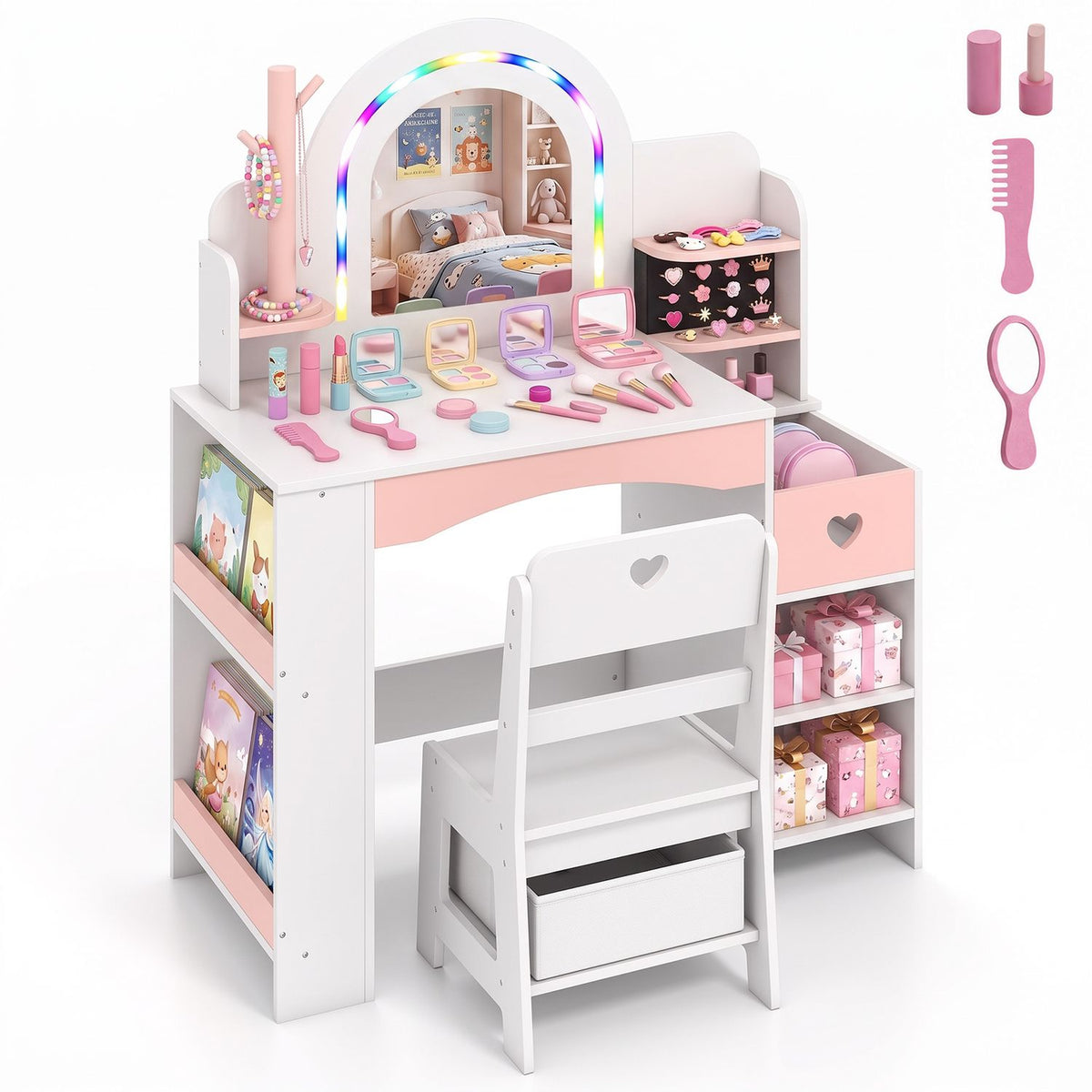 Kids Vanity Set with Colorful LED Lights and Jewelry Stand for Toddlers