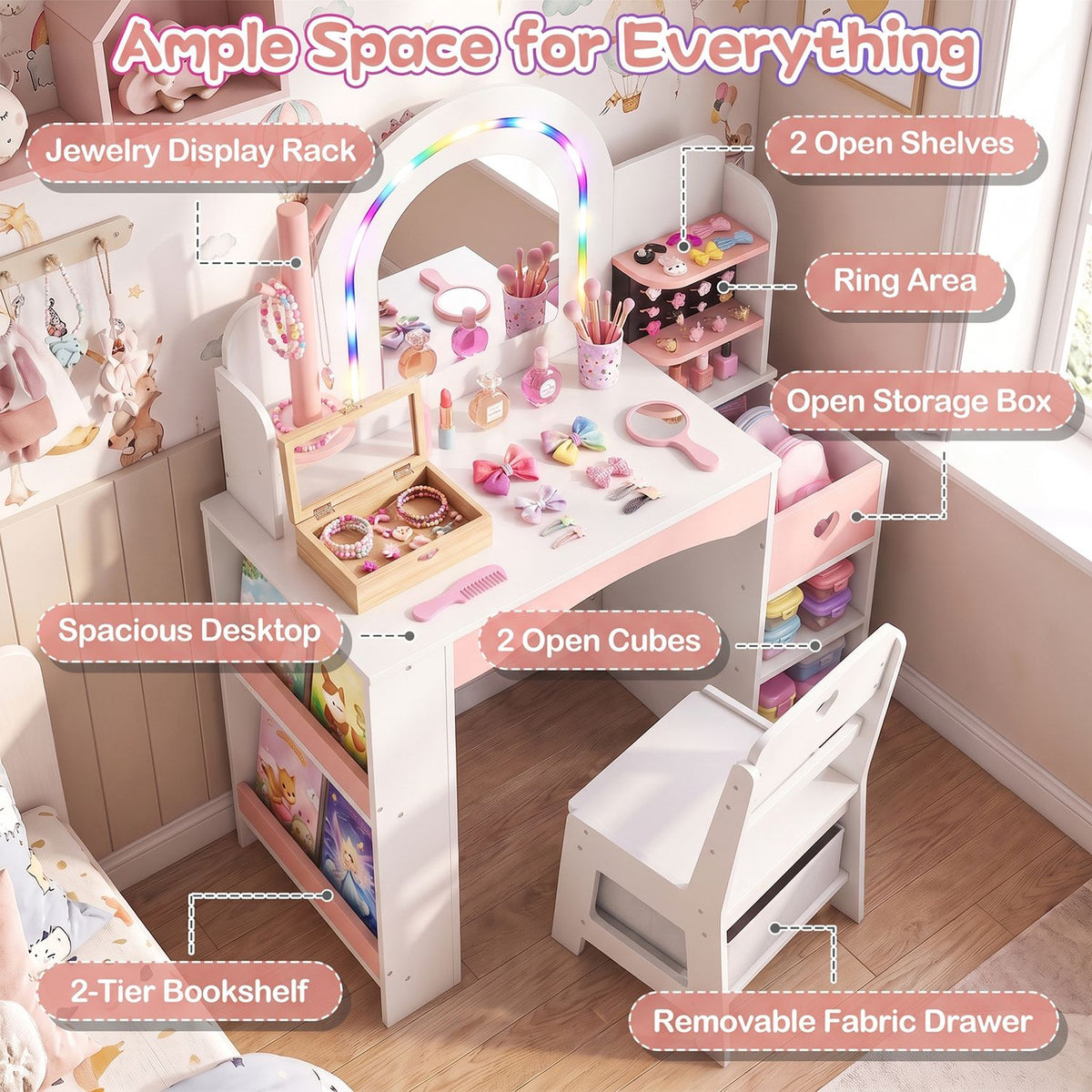 Kids Vanity Set with Colorful LED Lights and Jewelry Stand for Toddlers