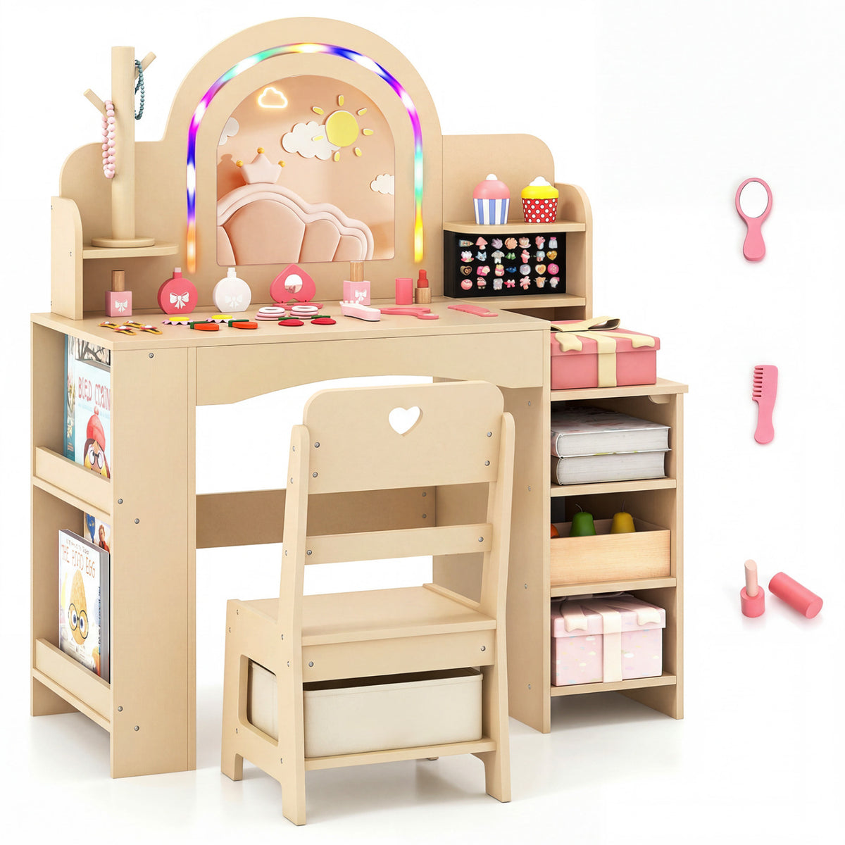Kids Vanity Set with Colorful LED Lights Princess Makeup Dressing Table with Chair